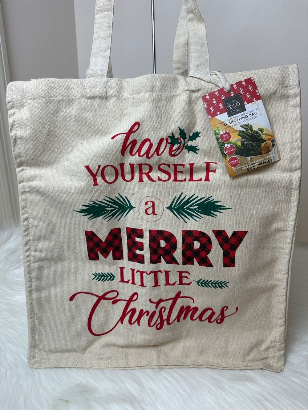 NWT Eco Ciroa Cream Merry Little Christmas Canvas XL Shopping Bag Tote Gift Bag
